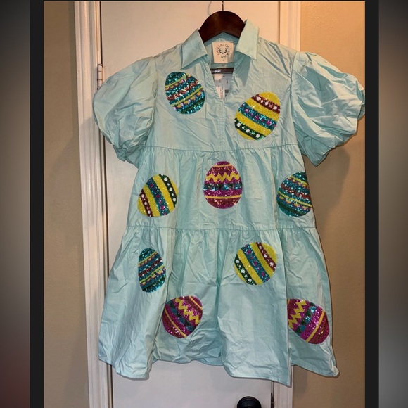 Fantastic Fawn Easter Egg Sequin Mini Dress Pastel Blue Puff Sleeve Tiered S - Picture 8 of 8
